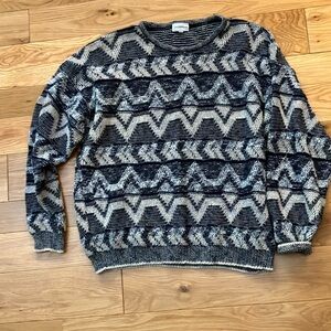 Saks Fifth Avenue vintage Navy and gray Patterned Crewneck Sweater large